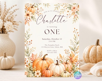 Pumpkin Birthday Invitation Template, Editable Canva Fall Party Invite, Any Age 5x7 Instant Download