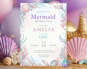 Mermaid Birthday Invitation Template, Editable Canva Ocean Party Invite, Girls Any Age 5x7 Digital Download