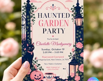 Editable Halloween Tea Party Invitation, Pink Rose Garden Template