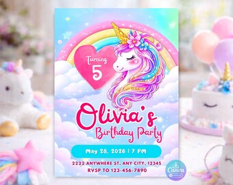 Rainbow Unicorn Birthday Invitation Template, Editable Canva Party Invite, Girls Any Age 5x7 Digital Download
