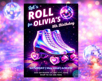 Roller Skate Birthday Invitation, Editable Canva Retro Disco Party Invite, Any Age 5x7 Digital Download