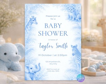 Safari Baby Shower Invitation Template, Editable Canva Jungle Party Invite, 5x7 Instant Download