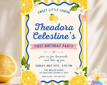 Lemon Birthday Invitation, Editable Canva Citrus Party Invite, Any Age 5x7 Instant Download