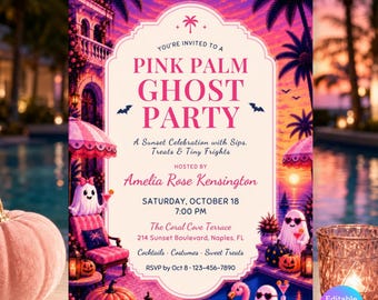Pink Ghost Halloween Party Invitation Printable Tropical Spooky Canva Template