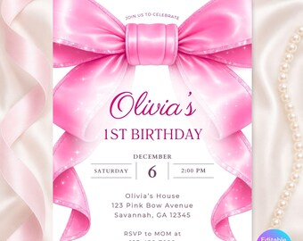 Pink Bow Birthday Invitation for Girls, Editable Canva Party Invite, Any Age 5x7 Digital Download