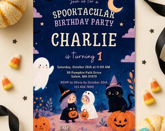 Halloween First Birthday Invitation Editable Canva Ghost Pumpkin Spooky Birthday Party Invite Printable