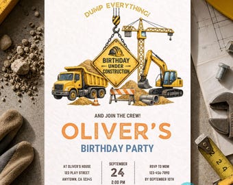 Editable Under Construction Birthday Invitation for Boys, Digger Template