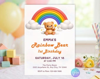 Rainbow Bear First Birthday Invitation, Editable Canva Teddy Bear Party Invite, 5x7 Digital Download