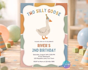 Two Silly Goose 2nd Birthday Invitation, Editable Canva Retro Party Invite, 5x7 Instant Download