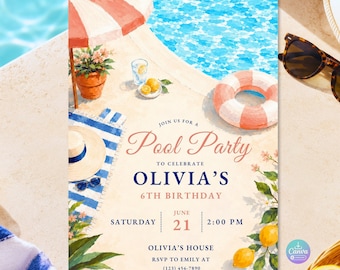 Pool Party Birthday Invitation Template, Editable Canva Summer Invite, Any Age 5x7 Instant Download
