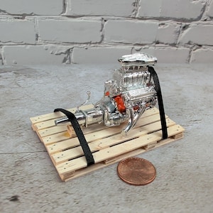 Handmade 1/24 Scale Supercharged V8 Engine & Transmission on Wooden Shipping Pallet