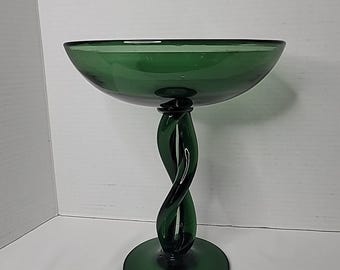 Vintage Mid Century Modern Tall Green Pedestal Bowl Hand Blown Studio Art Glass