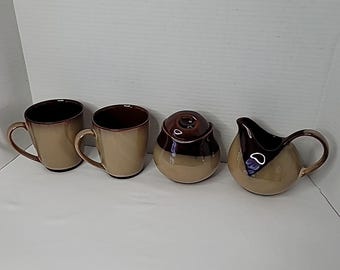 Juego de cerámica vintage Sango Nova Brown de 6 piezas: azucarero, jarra para crema y 3 tazas.