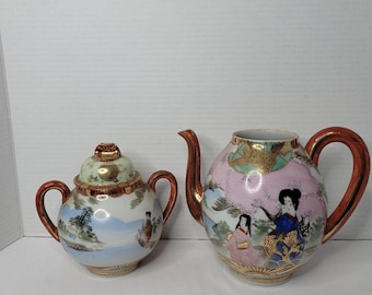 Antique 1920s Kutani Japan Eggshell Hand Painted Gold Teapot & Sugar