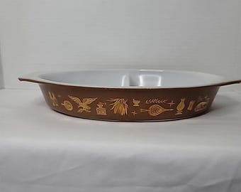 ビンテージ パイレックス アーリーアメリカン #27 仕切り付きキャセロール皿 ブラウン ゴールド メタリックパターン オーブンベイク