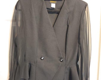 Vintage REINA Black Blazer Sheer Chiffon Long Sleeves Rhinestone Buttons size 12