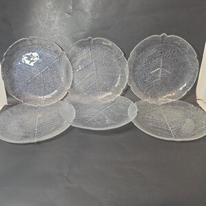 May include: A set of six clear glass plates, each shaped like a leaf with a textured surface and a prominent central vein design. The plates are arranged in two rows, featuring a translucent appearance and a rounded, organic silhouette.