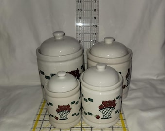 Set of 4 Vintage Cottage Core Country Red Apples in Basket GEI Stoneware Pottery Canisters w Lids