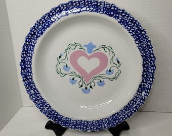 Vintage ABC Exclusive Country Heart Pie Dish White Blue Trim Pink Heart 10.5"