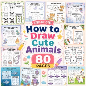 How to Draw Cute Animals for Kids, Step by Step Drawing Worksheets, 80 Printable Pages, Animal Coloring Activities