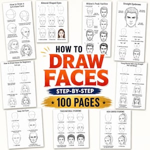 May include: A 100-page instructional drawing guide titled How to Draw Faces Step-by-Step. The cover features multiple black and white diagrams demonstrating techniques for sketching facial features, including eyes, hairlines, lips, and eyebrows.