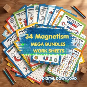 Paquete completo de magnetismo: 34 páginas de hojas de trabajo de ciencias, diagramas detallados y actividades STEM para niños, material imprimible para el estudio de la unidad de física en casa.