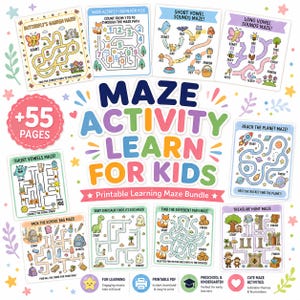 May include: A collection of printable maze activity pages for children featuring colorful illustrations and themes like butterflies, space, dinosaurs, and treasure hunts. The central text reads Maze Activity Learn For Kids with 55 pages indicated.