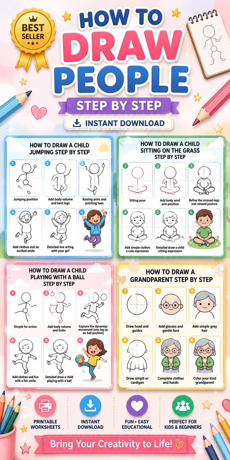 How to Draw People Step by Step for Kids, 80 Printable Drawing Pages ...