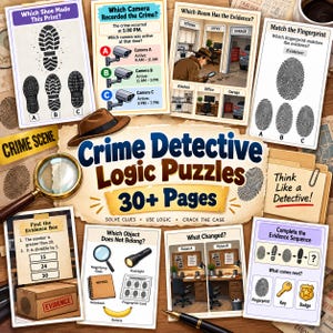 Detective Logic Puzzles Printable | Crime Mystery Brain Games for Adults & Teens | 30+ Case challenge Activities