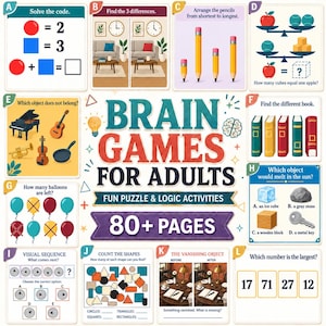 May include: A book cover titled BRAIN GAMES FOR ADULTS FUN PUZZLE & LOGIC ACTIVITIES 80+ PAGES. The cover features twelve labeled panels A through L displaying various logic puzzles, including math problems, visual sequences, and object identification.