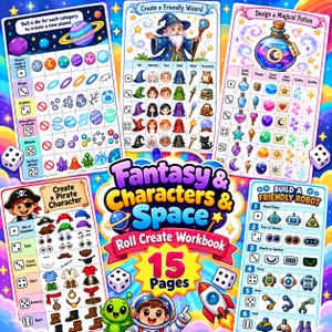 Peut inclure: Un cahier d'exercices Fantasy & Characters & Space comprenant cinq fiches d'activités pour créer des planètes, des sorciers, des potions, des pirates et des robots avec des grilles de sélection basées sur des dés.