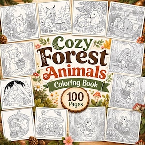 May include: A coloring book titled Cozy Forest Animals with 100 Pages, featuring a collection of black and white line art illustrations of forest animals including a mouse, lynx, deer, armadillo, raccoon, pangolin, fox, squirrel, and rabbit.