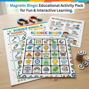 Peut inclure: Un ensemble de jeu de bingo magnétique éducatif coloré. L'ensemble comprend des cartes de bingo avec des images sur le thème de la science, des jetons de bingo magnétiques et des instructions. Le jeu est conçu pour un apprentissage amusant et interactif. Le texte sur les cartes indique "Science Bingo".