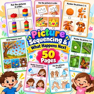 May include: A 50-page educational activity book titled Picture Sequencing & What Happens Next, featuring colourful worksheets with tasks like ordering pictures, numbering sequences, and identifying events, illustrated with cartoon children.