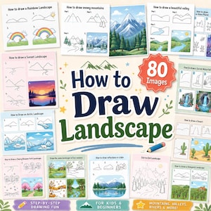 May include: A collection of instructional drawing guides titled How to Draw Landscape with 80 images. The sheets feature step-by-step tutorials for creating scenes like rainbows, snowy mountains, valleys, sunsets, arctic landscapes, and deserts.