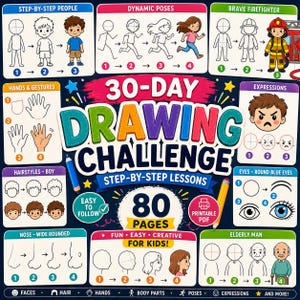 Learn to Draw People for Kids – 80 Step-by-Step Drawing Lessons | Faces, Hands, Hairstyles, Expressions & Body Parts | Printable PDF