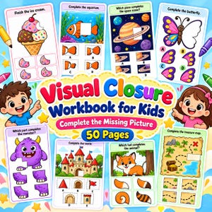 May include: A Visual Closure Workbook for Kids with 50 pages featuring educational activity cards. Each card displays a partial image, such as an ice cream cone, a butterfly, or a treasure map, with multiple options to complete the missing piece.