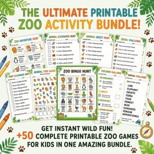 May include: A collection of printable zoo activity games for kids, featuring various challenges like scavenger hunts, bingo, and explorer challenges. The bundle includes over 50 games with colorful illustrations of zoo animals, designed for fun and educational play.
