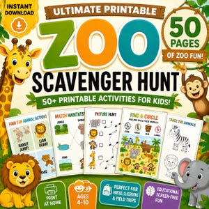 Op de afbeelding: Een digitale printbare speurtochtset voor de dierentuin met 50 pagina's aan spellen voor kinderen. De omslag toont een giraffe, een aap en een olifant met de tekst Zoo Scavenger Hunt, 50 Pages of Zoo Fun en 50+ Printable Activities for Kids.