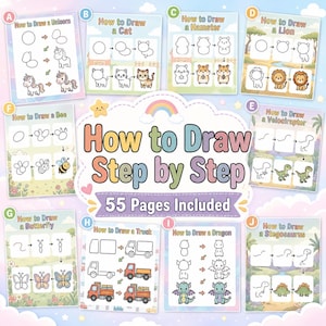 以下が含まれることがあります： How to Draw Step by Stepと書かれた55 Pages Includedの描画ガイド集。画像にはAからJまでの10枚のシートが表示されており、それぞれユニコーン、猫、ハムスター、ライオン、ハチ、ヴェロキラプトル、蝶、トラック、ドラゴン、ステゴサウルスの描き方の手順が順を追って示されています。
