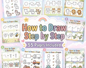 How to Draw Step by Step for Kids, 55 Printable Drawing Pages, Cute Animals Drawing Worksheets, Beginner Art Activity, Learn to Draw Bundle