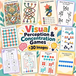 May include: A collection of educational activity cards titled Visual Perception & Concentration Games +30 Images. The cards feature various puzzles including mazes, pattern matching, shape identification, and counting tasks with colourful illustrations.