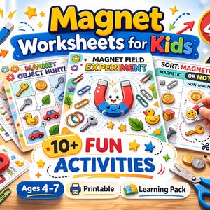 May include: Educational magnet worksheets for children aged 4-7, with fun activities. The image shows colourful worksheets with illustrations of objects, magnets, and the text "Magnet Worksheets for Kids". Includes pencils, glue, and scissors.