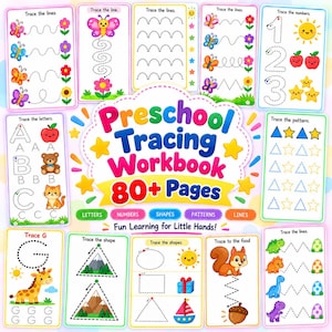 May include: A preschool tracing workbook with 80+ pages featuring colorful illustrations of butterflies, flowers, animals, and shapes. The cover displays educational activities including tracing lines, letters, numbers, and patterns with text labels.