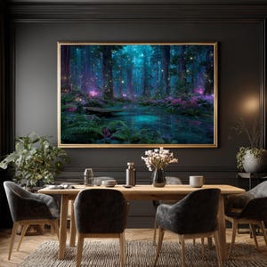 May include: A dining room featuring a large framed artwork depicting a mystical forest scene with a pond. The room includes a wooden dining table, six upholstered chairs, a rug, and decorative items, all set against a dark wall.