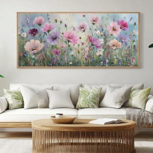 Pastel Wildflower Field Canvas Art, Dreamy Floral Landscape, Soft Impressionist Painting, Pink White Botanical Wall Decor