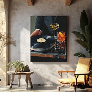 Vintage Vinyl Record Tray with Cocktails Canvas Print, Martini & Old-Fashioned Drinks, Robert Bechtle Style Bar Art, Framed Wall Decor
