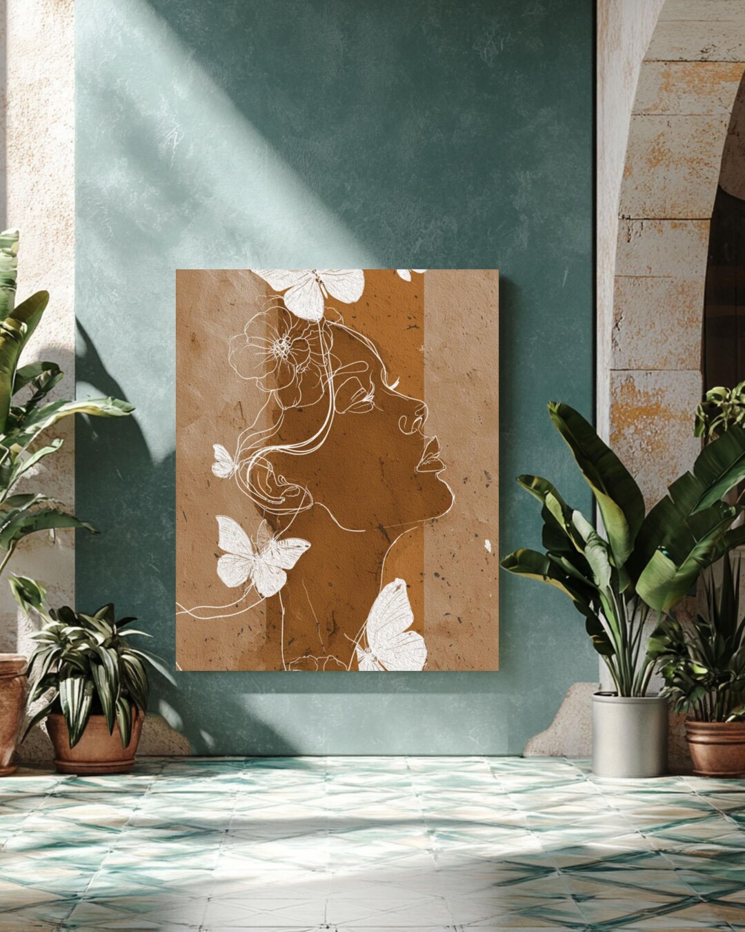 Minimalist Line Art Woman Face With Flowers & Butterflies Canvas Wall ...