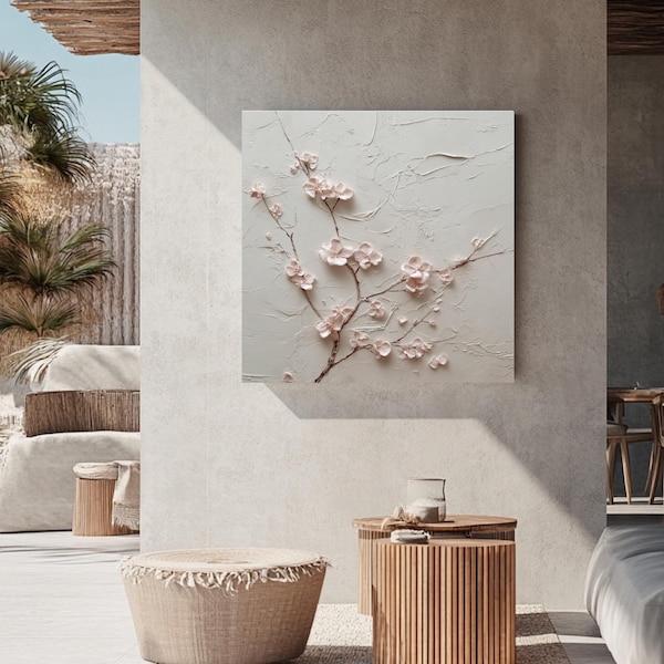 Quadro minimalista con rilievo in gesso ispirato ai fiori di ciliegio / Tela Japandi con ramo primaverile, decorazione per la casa con cornice giapponese testurizzata rosa avorio.