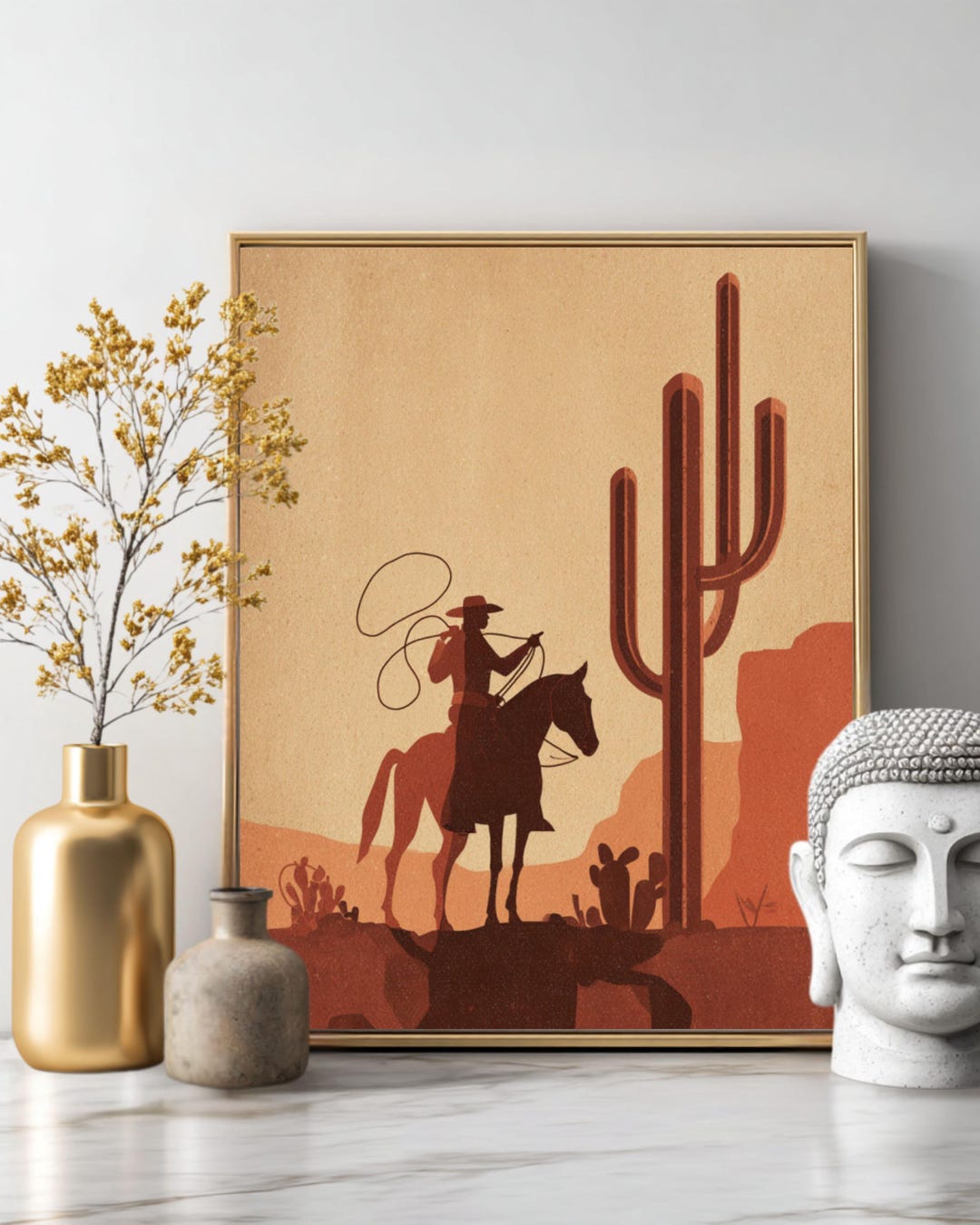 Minimalist Cowboy on Horse Desert Wall Art | Western Cactus Canvas ...